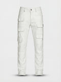 Men's bone white leather cargo trousers with vertical side zippers and multiple flap pockets, Front View. The Spectre by Maverick Jacket.