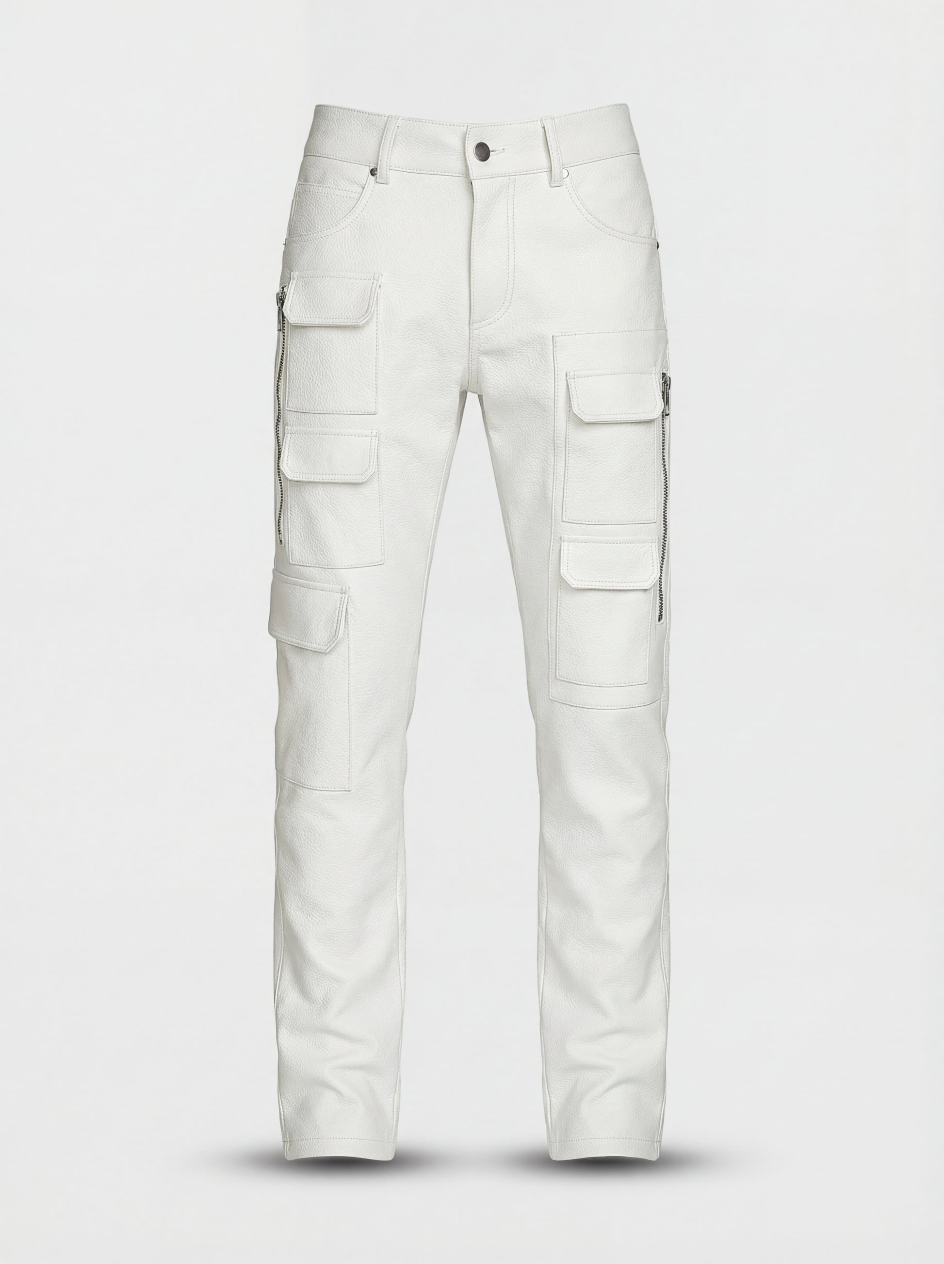 Men's bone white leather cargo trousers with vertical side zippers and multiple flap pockets, Front View. The Spectre by Maverick Jacket.