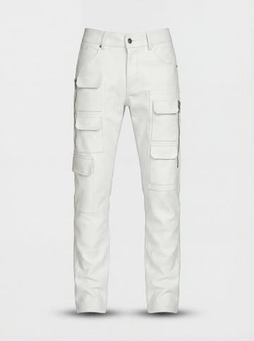 Men's bone white leather cargo trousers with vertical side zippers and multiple flap pockets, Front View. The Spectre by Maverick Jacket.
