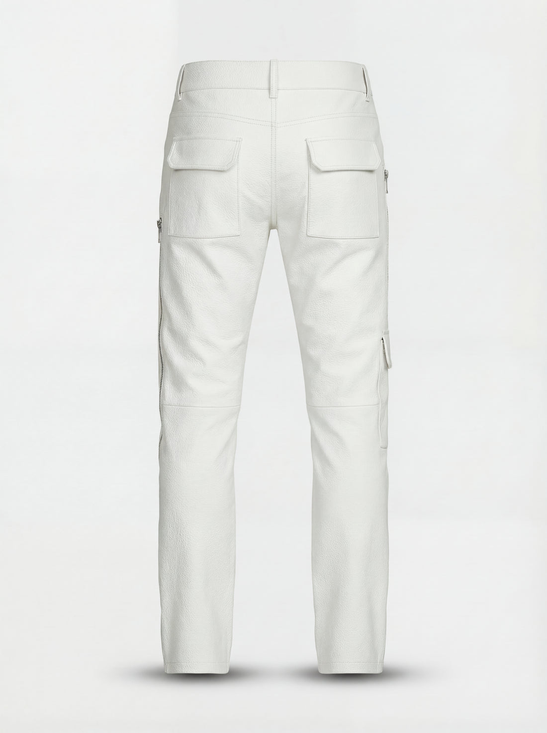 Men's bone white leather cargo trousers with vertical side zippers and multiple flap pockets, Front View. The Spectre by Maverick Jacket.