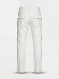 Rear view of bone white leather cargo trousers showing rear flap pockets and horizontal knee seam. The Spectre by Maverick Jacket.