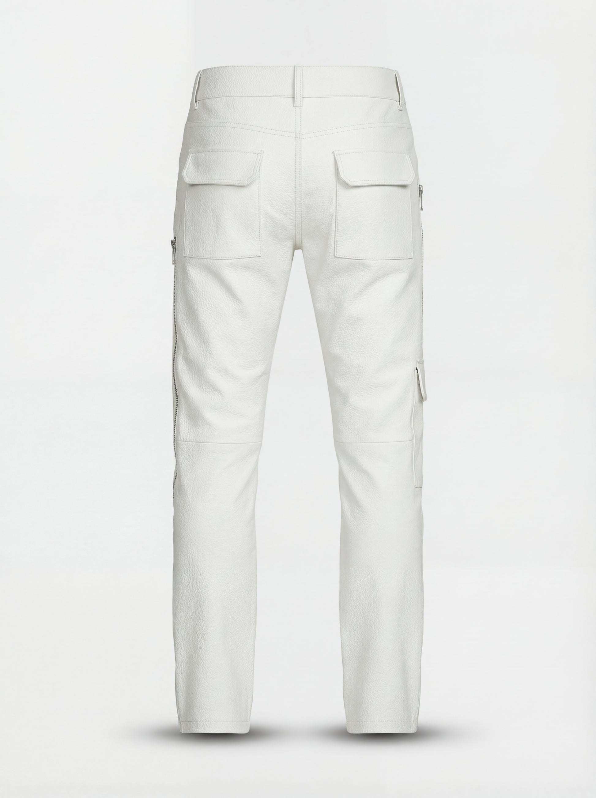 Rear view of bone white leather cargo trousers showing rear flap pockets and horizontal knee seam. The Spectre by Maverick Jacket.