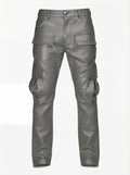 Men's grey leather cargo pants with dimensional thigh pockets and knee paneling, Front View. The Cassian by Maverick Jacket.
