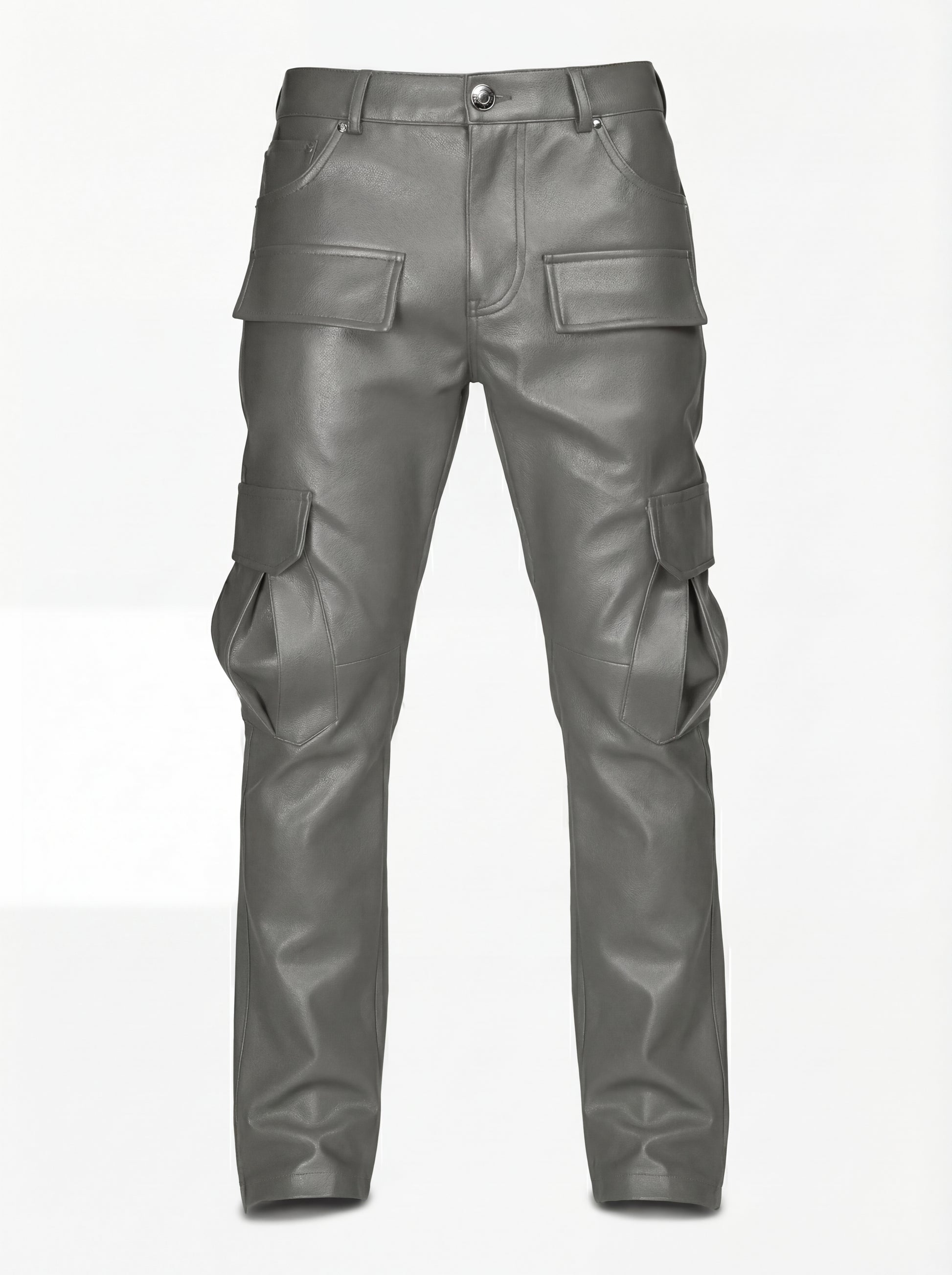 Men's grey leather cargo pants with dimensional thigh pockets and knee paneling, Front View. The Cassian by Maverick Jacket.