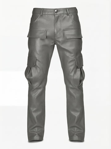 Men's grey leather cargo pants with dimensional thigh pockets and knee paneling, Front View. The Cassian by Maverick Jacket.