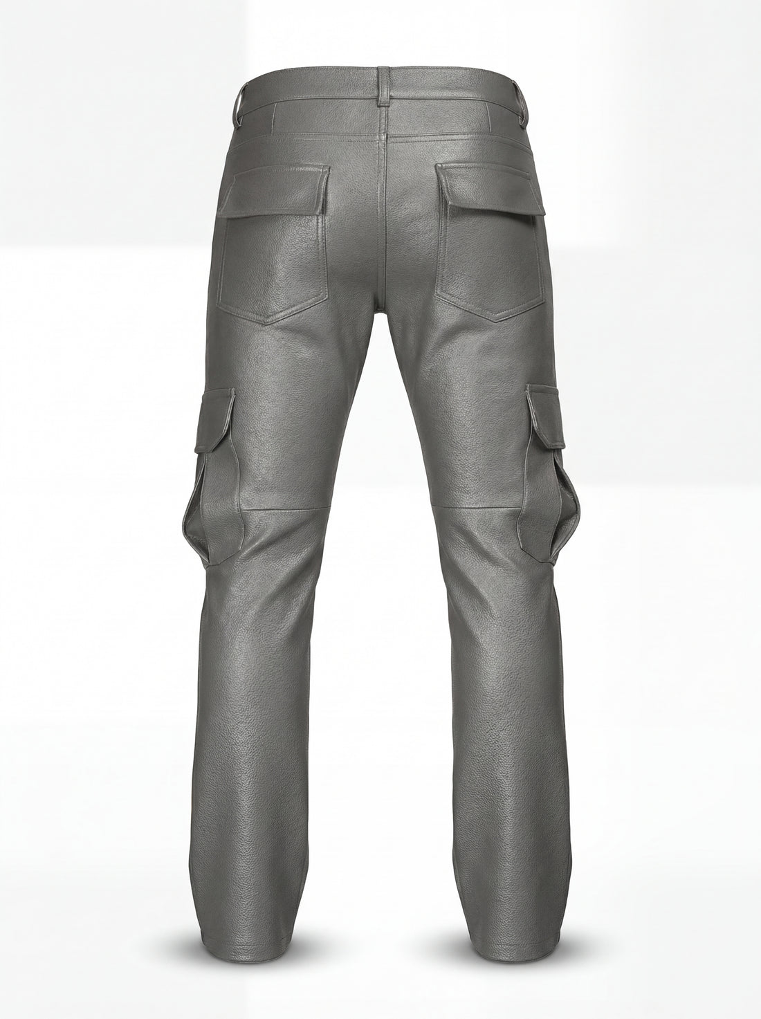 Men's grey leather cargo pants with dimensional thigh pockets and knee paneling, Front View. The Cassian by Maverick Jacket.