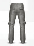 Rear view of grey leather cargo pants showing rear flap pockets and knee articulation seams. The Cassian by Maverick Jacket.