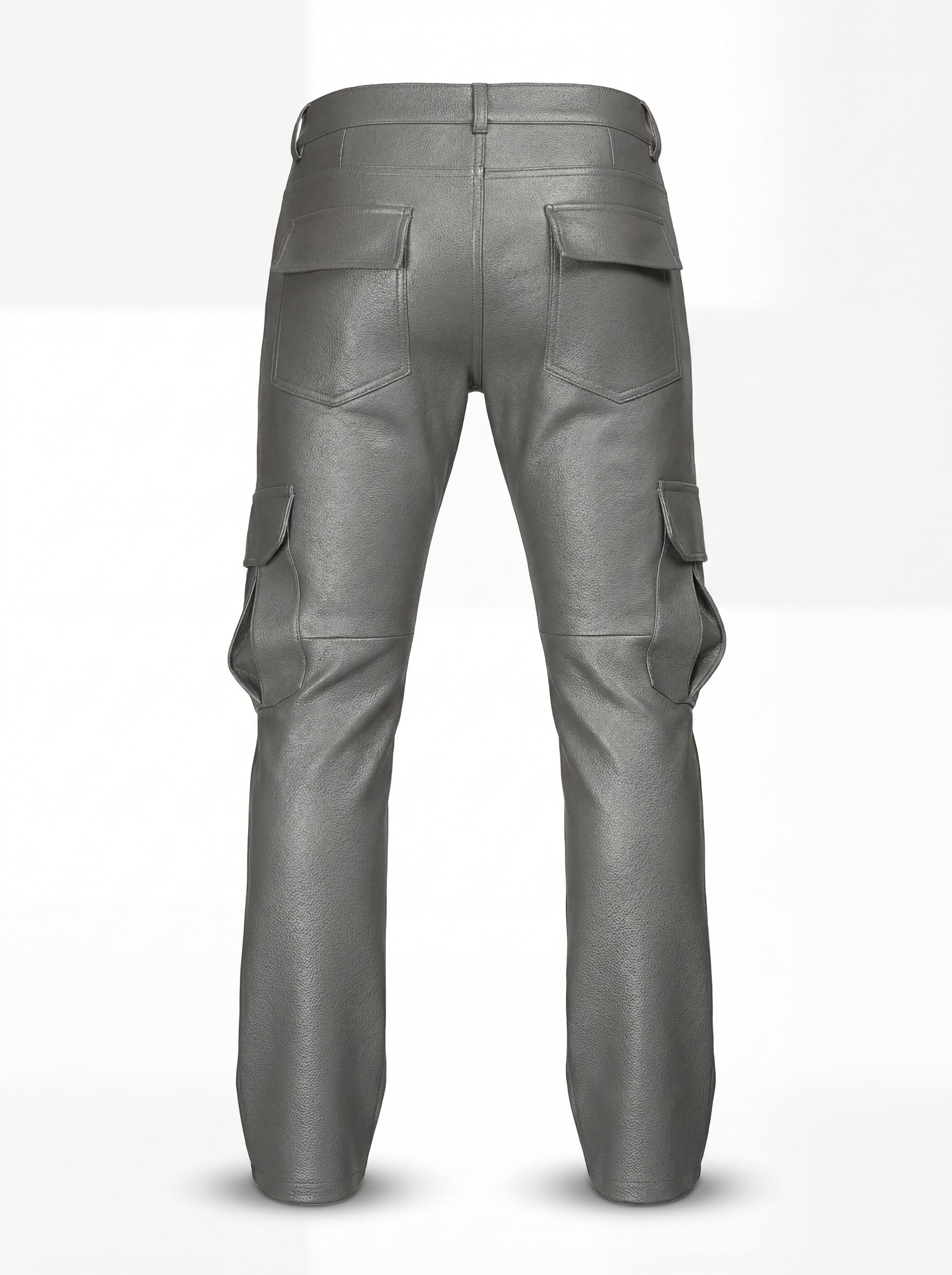 Rear view of grey leather cargo pants showing rear flap pockets and knee articulation seams. The Cassian by Maverick Jacket.