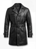 Men's Onyx Black Leather Trench Coat with single-breasted button closure and notched lapels, Front View. The Sovereign by Maverick Jacket.