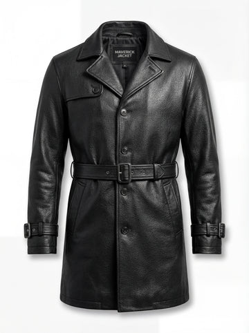 Men's Onyx Black Leather Trench Coat with single-breasted button closure and notched lapels, Front View. The Sovereign by Maverick Jacket.