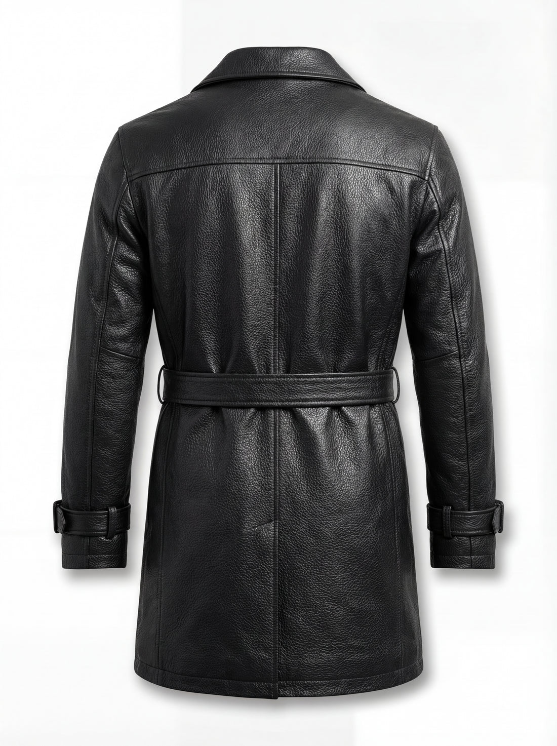 Men's Onyx Black Leather Trench Coat with single-breasted button closure and notched lapels, Front View. The Sovereign by Maverick Jacket.