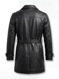 Rear view of Onyx Black Leather Trench Coat showing vertical center back seam and horizontal shoulder yoke. The Sovereign by Maverick Jacket.