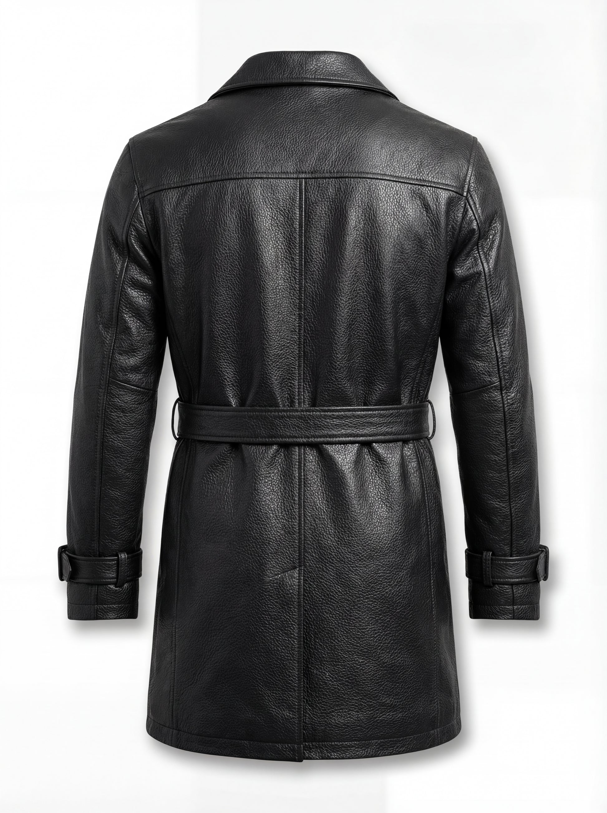 Rear view of Onyx Black Leather Trench Coat showing vertical center back seam and horizontal shoulder yoke. The Sovereign by Maverick Jacket.