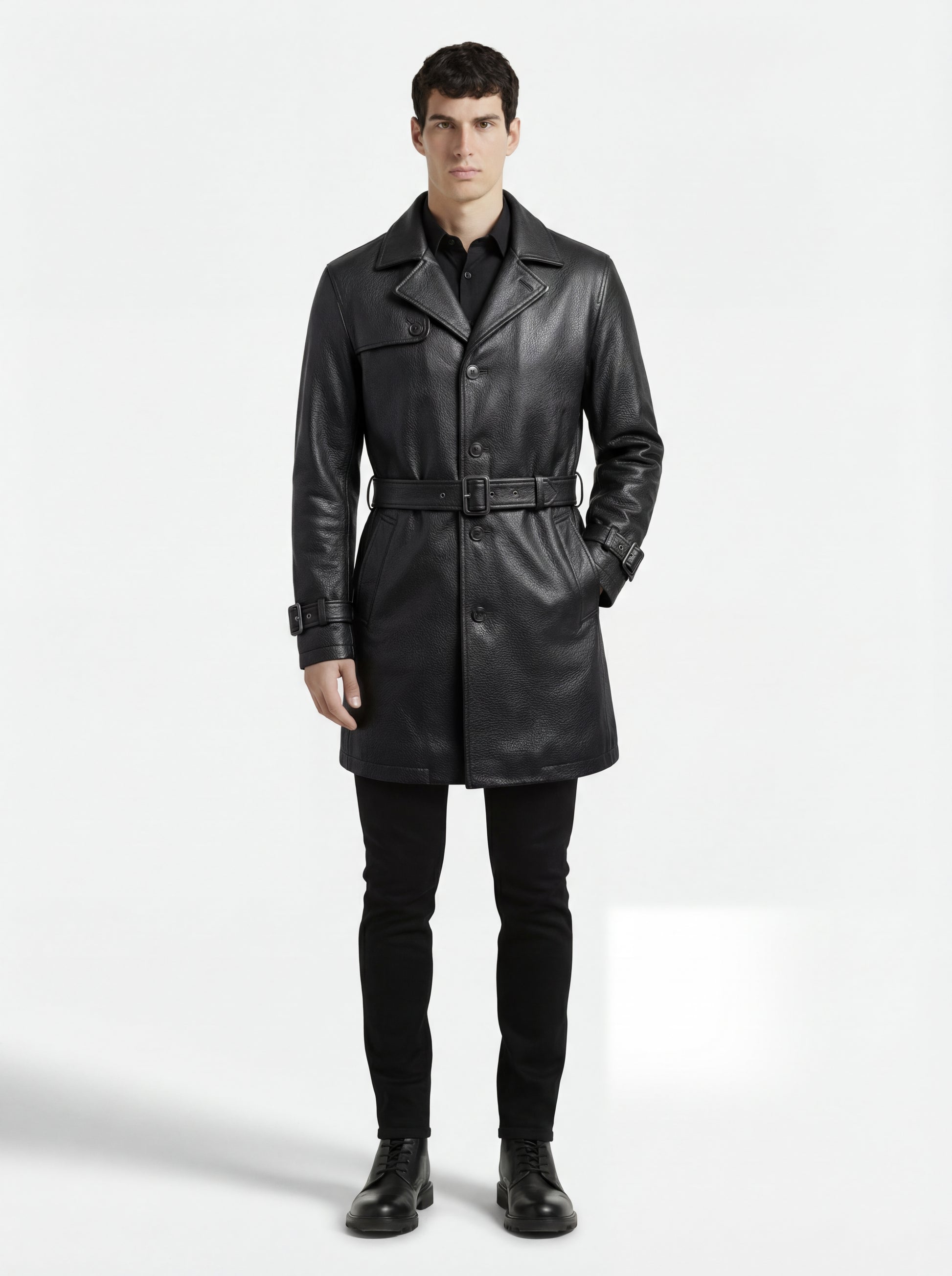 Male model wearing Maverick Sovereign leather trench coat, tailored fit, styled with black button-down shirt and black slim-fit jeans. Maverick Jacket.