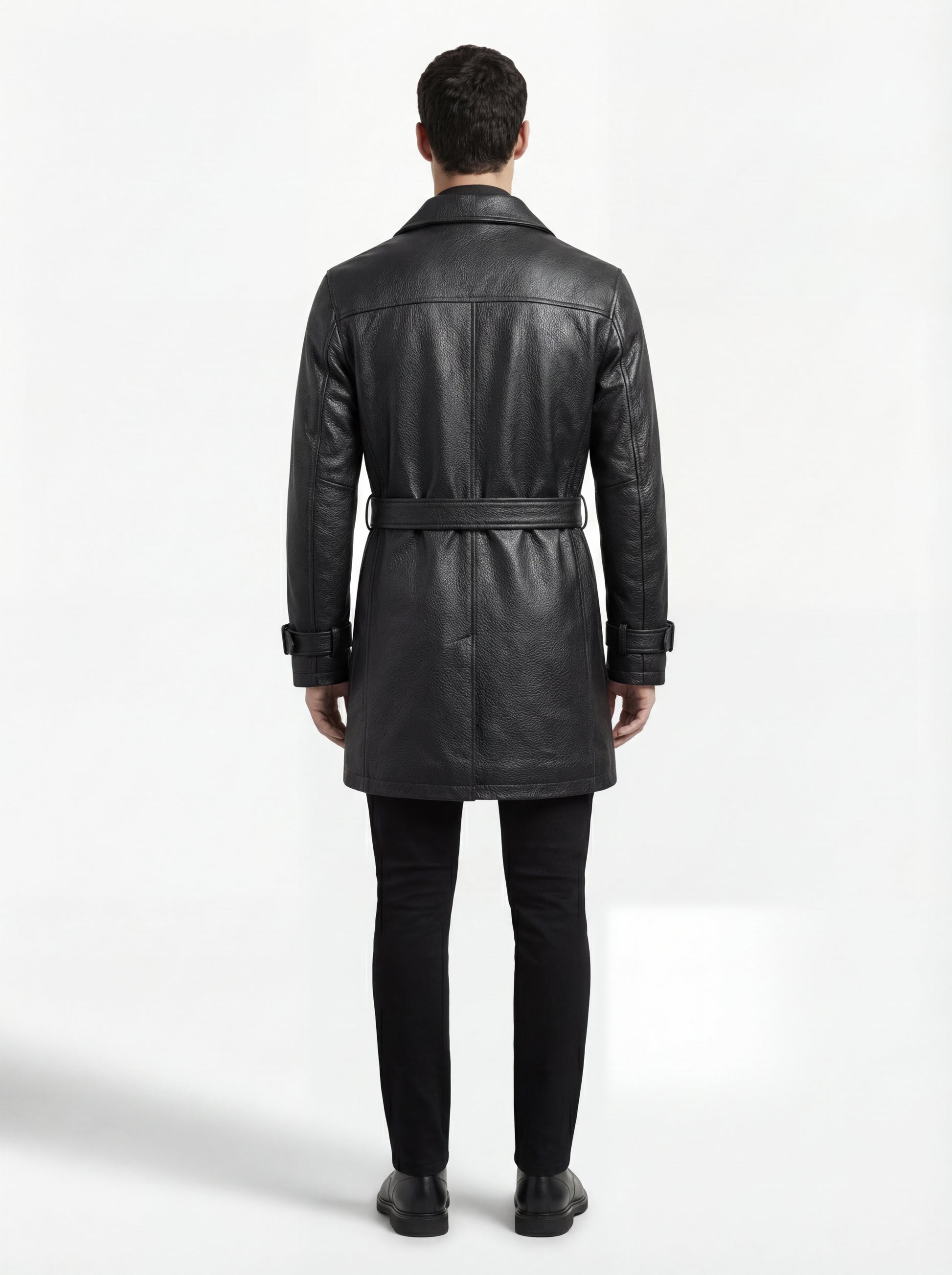 Rear view of male model wearing Maverick Sovereign leather trench coat showing structured shoulder fit and clean vertical back paneling. Maverick Jacket.
