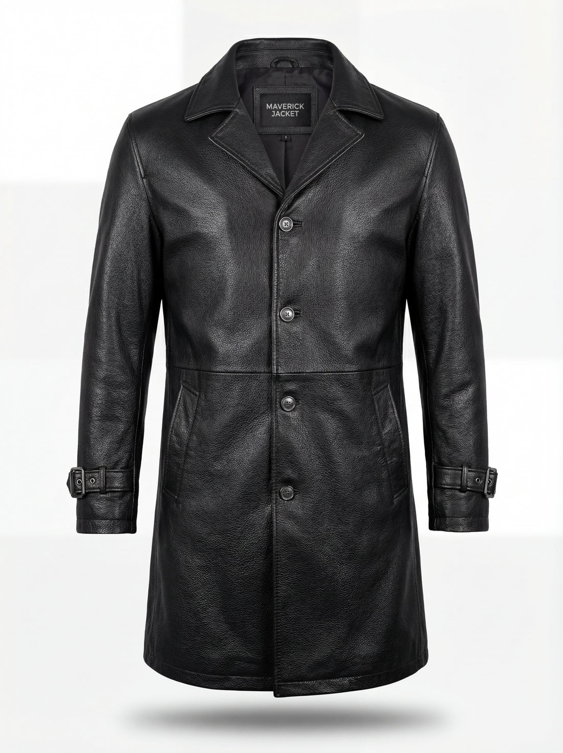 Men's Onyx Black Leather Car Coat with notched lapels and adjustable cuff straps, Front View. The Hawk by Maverick Jacket.