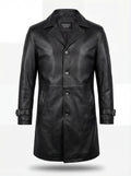 Men's Onyx Black Leather Car Coat with notched lapels and adjustable cuff straps, Front View. The Hawk by Maverick Jacket.