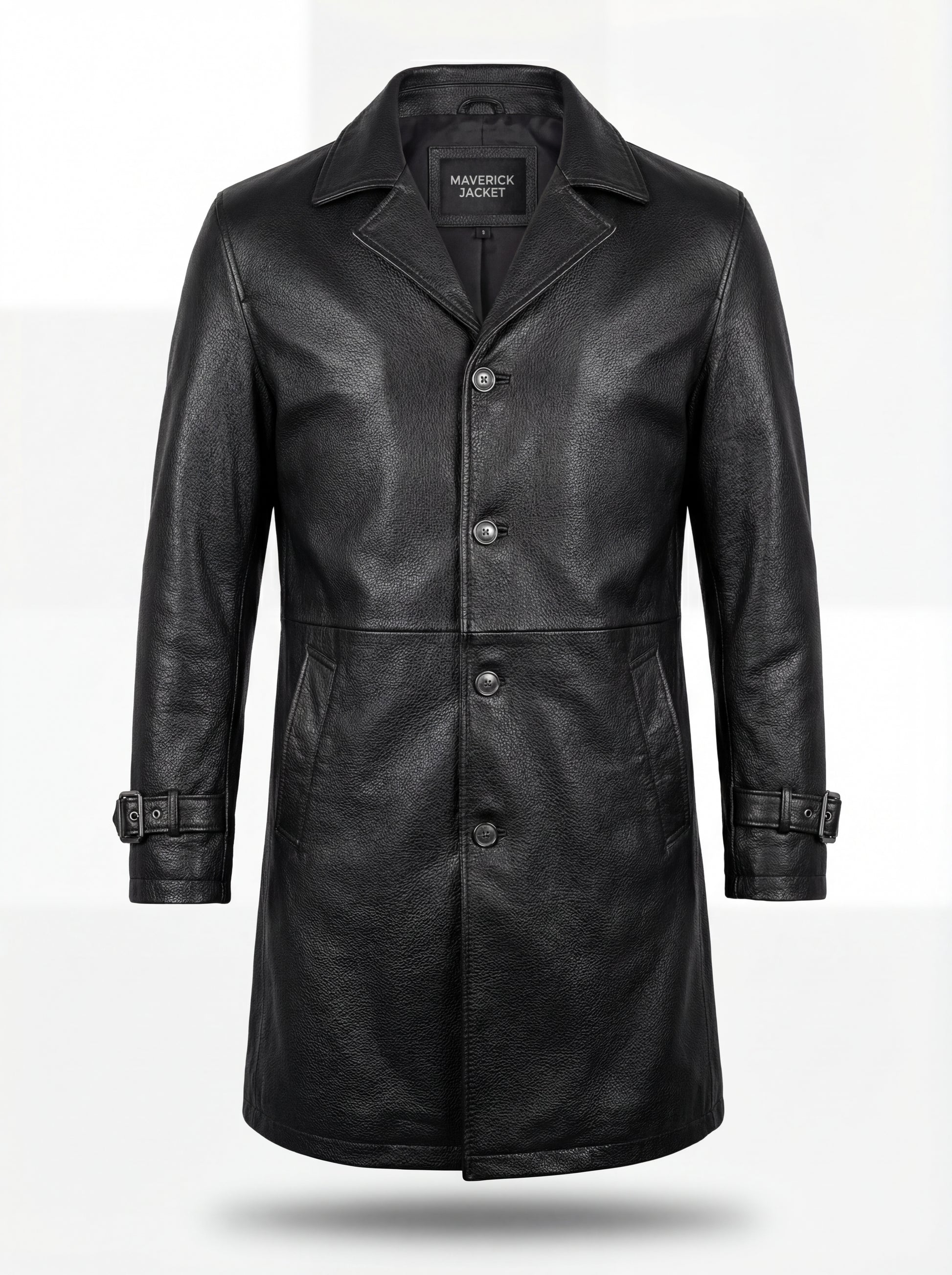 Men's Onyx Black Leather Car Coat with notched lapels and adjustable cuff straps, Front View. The Hawk by Maverick Jacket.
