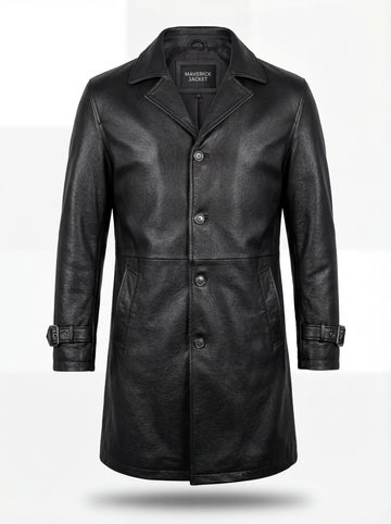 Men's Onyx Black Leather Car Coat with notched lapels and adjustable cuff straps, Front View. The Hawk by Maverick Jacket.