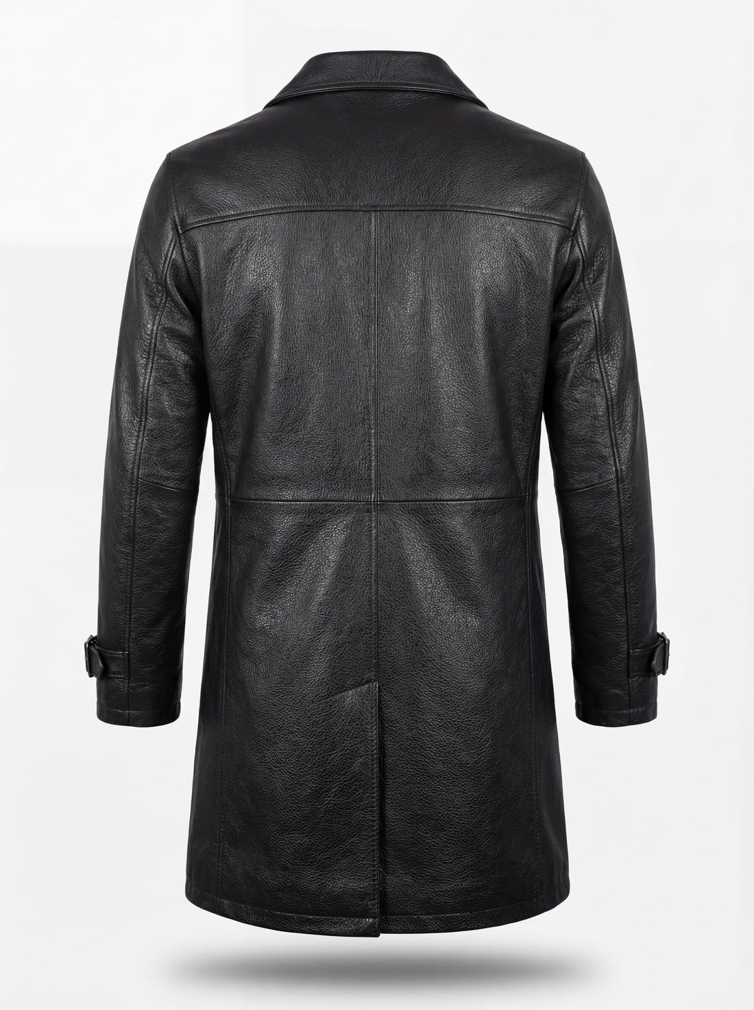 Men's Onyx Black Leather Car Coat with notched lapels and adjustable cuff straps, Front View. The Hawk by Maverick Jacket.