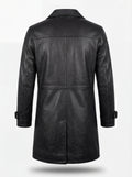 Rear view of Onyx Black Leather Car Coat showing vertical center back seam and horizontal shoulder yoke. The Hawk by Maverick Jacket.