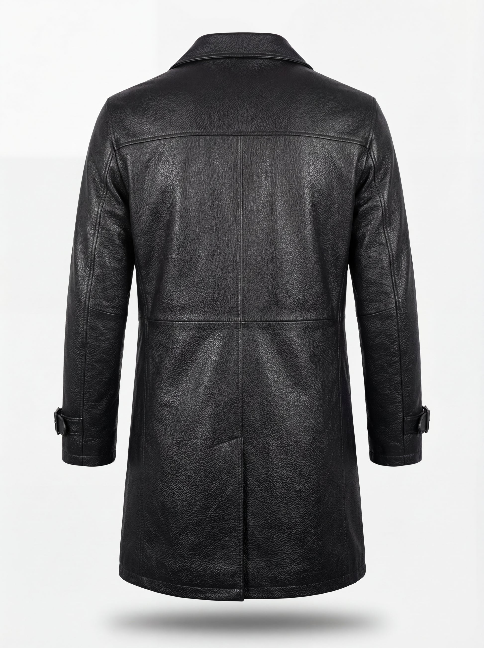 Rear view of Onyx Black Leather Car Coat showing vertical center back seam and horizontal shoulder yoke. The Hawk by Maverick Jacket.