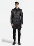 Male model wearing Maverick Hawk leather car coat, tailored fit, styled with black button-down shirt and black slim-fit jeans. Maverick Jacket.