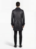 Rear view of male model wearing Maverick Hawk leather car coat showing structured shoulder fit and clean vertical paneling. Maverick Jacket.