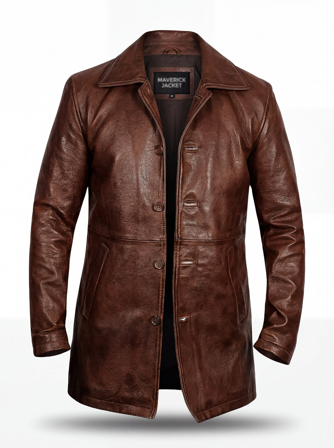 Men's Mahogany Heavy-Grain Leather Coat with notched lapels and button front closure, Front View. The Consul by Maverick Jacket.