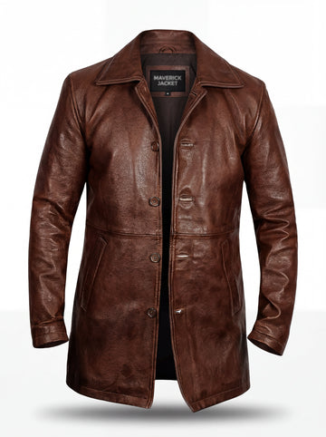 Men's Mahogany Heavy-Grain Leather Coat with notched lapels and button front closure, Front View. The Consul by Maverick Jacket.
