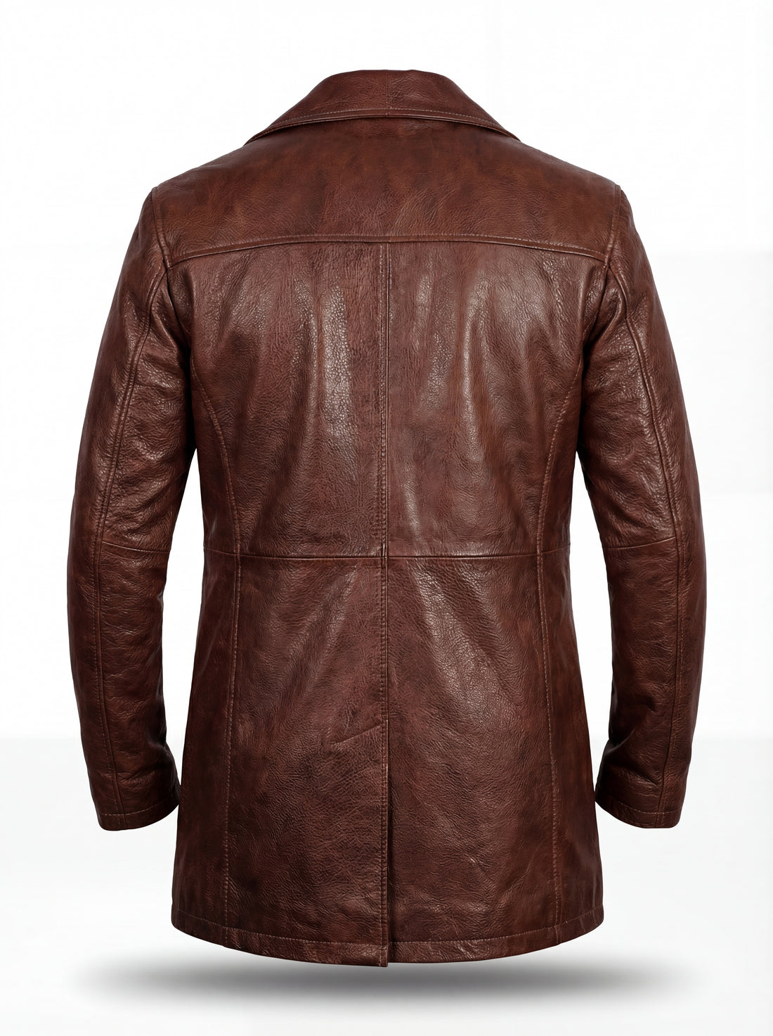 Men's Mahogany Heavy-Grain Leather Coat with notched lapels and button front closure, Front View. The Consul by Maverick Jacket.