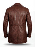 Rear view of Mahogany Heavy-Grain Leather Coat showing vertical center back seam and horizontal yoke stitching. The Consul by Maverick Jacket.