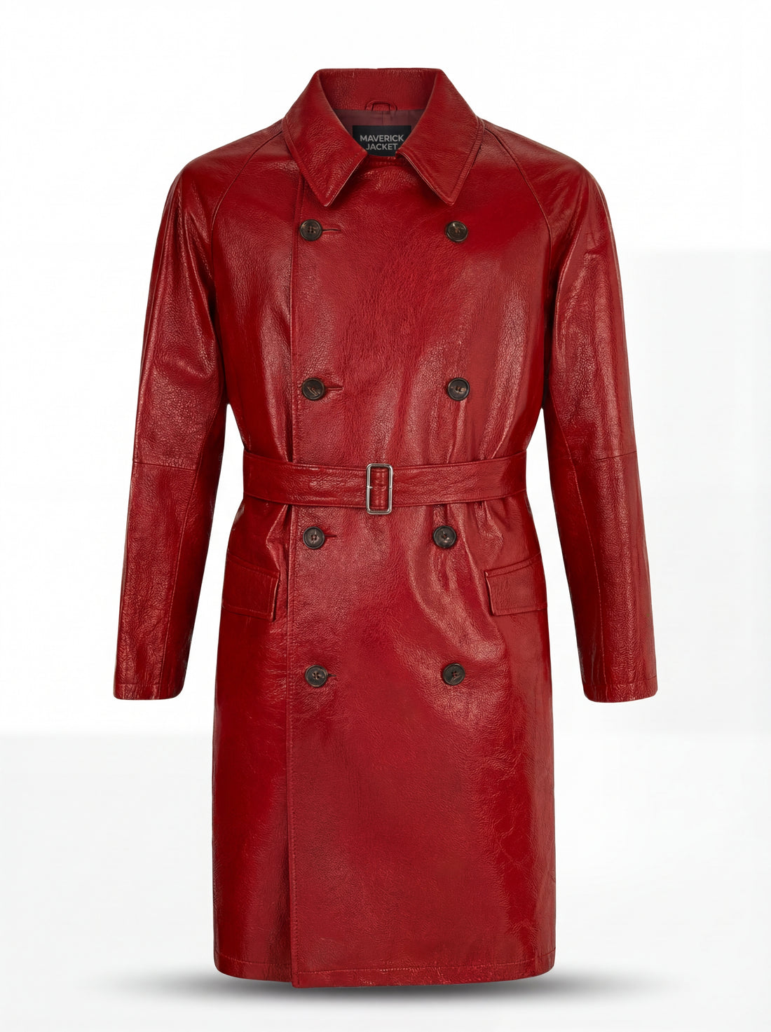 Men's Red Leather Trench Coat with double-breasted button closure and adjustable waist belt, Front View. The Valerian by Maverick Jacket.