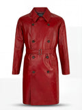 Men's Red Leather Trench Coat with double-breasted button closure and adjustable waist belt, Front View. The Valerian by Maverick Jacket.