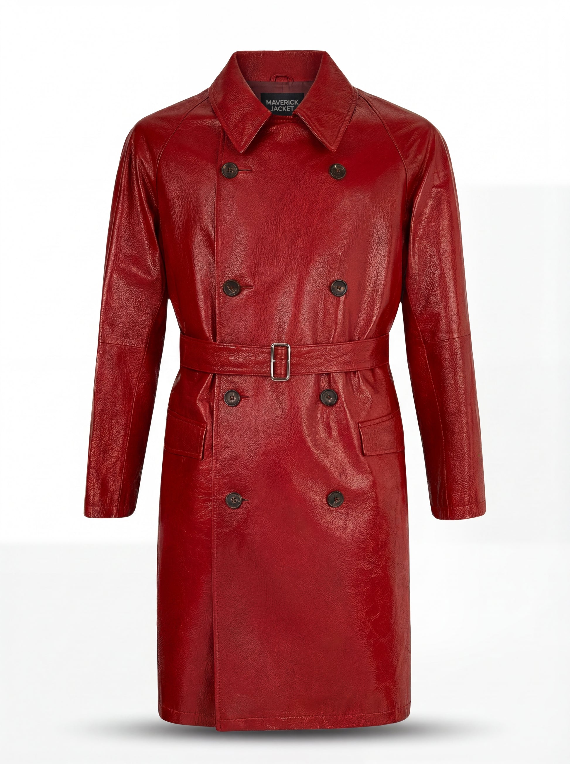 Men's Red Leather Trench Coat with double-breasted button closure and adjustable waist belt, Front View. The Valerian by Maverick Jacket.