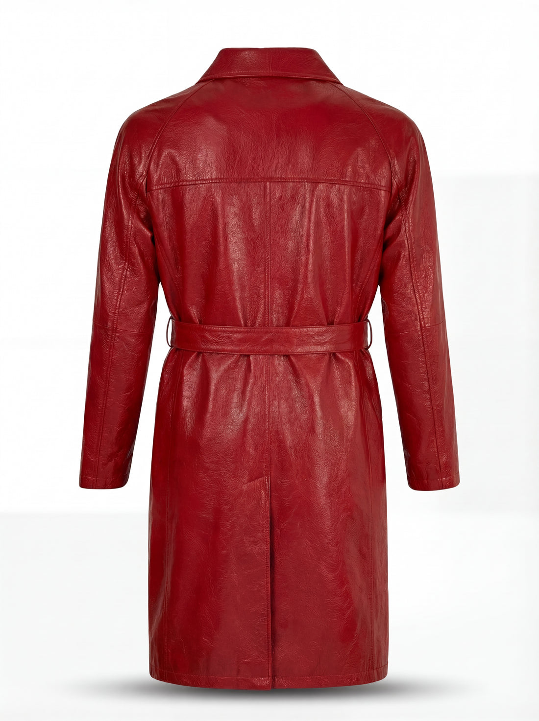 Men's Red Leather Trench Coat with double-breasted button closure and adjustable waist belt, Front View. The Valerian by Maverick Jacket.