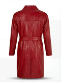 Rear view of Red Leather Trench Coat showing vertical center seam and single back vent. The Valerian by Maverick Jacket.