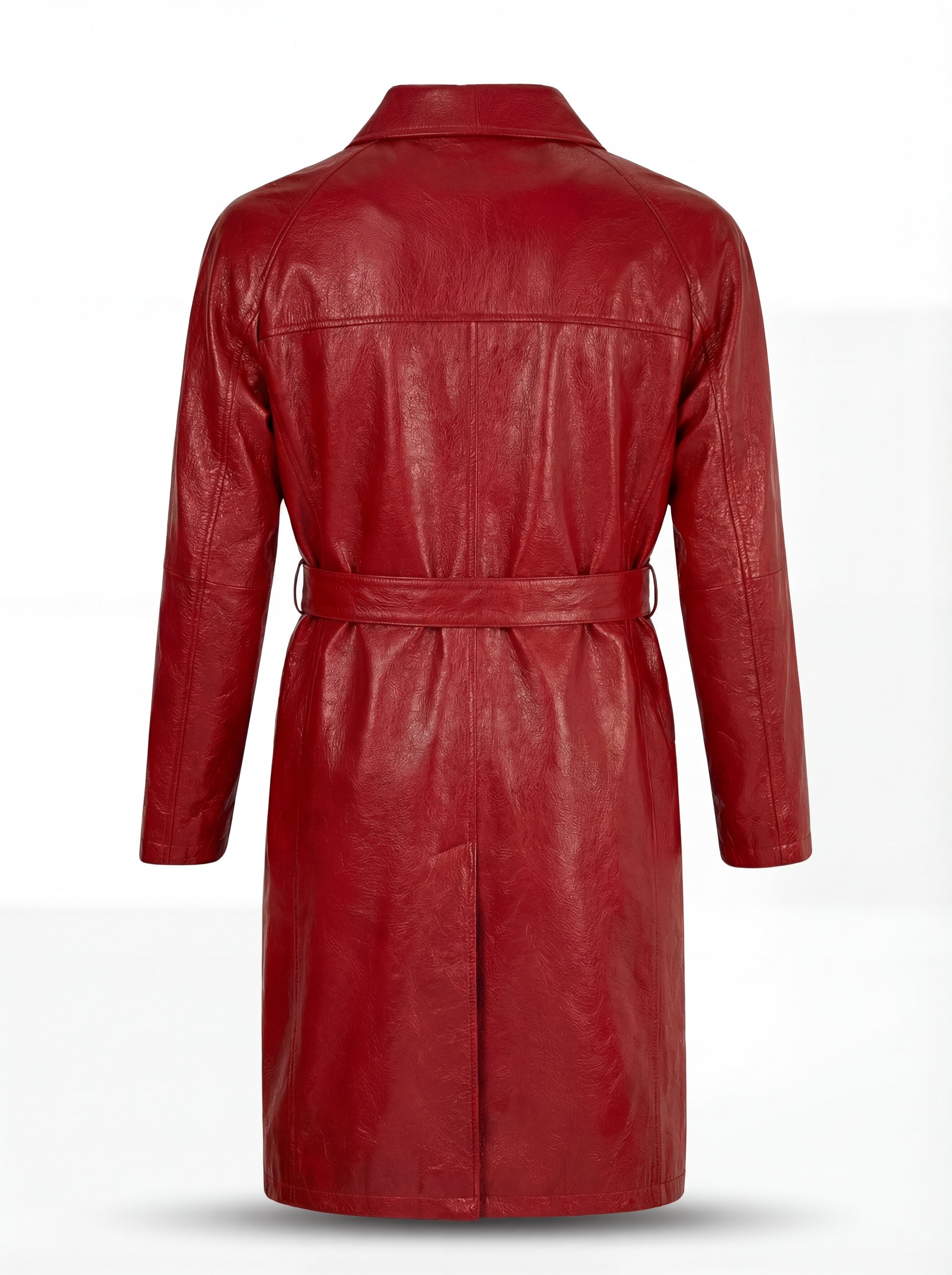 Rear view of Red Leather Trench Coat showing vertical center seam and single back vent. The Valerian by Maverick Jacket.