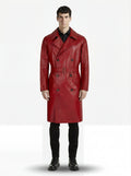 Male model wearing Maverick Valerian leather trench coat, tailored fit, styled with black slim-fit trousers and black leather boots. Maverick Jacket.