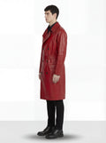 Side profile of Maverick Valerian leather trench coat showing raglan sleeve construction and knee-length silhouette. Maverick Jacket.