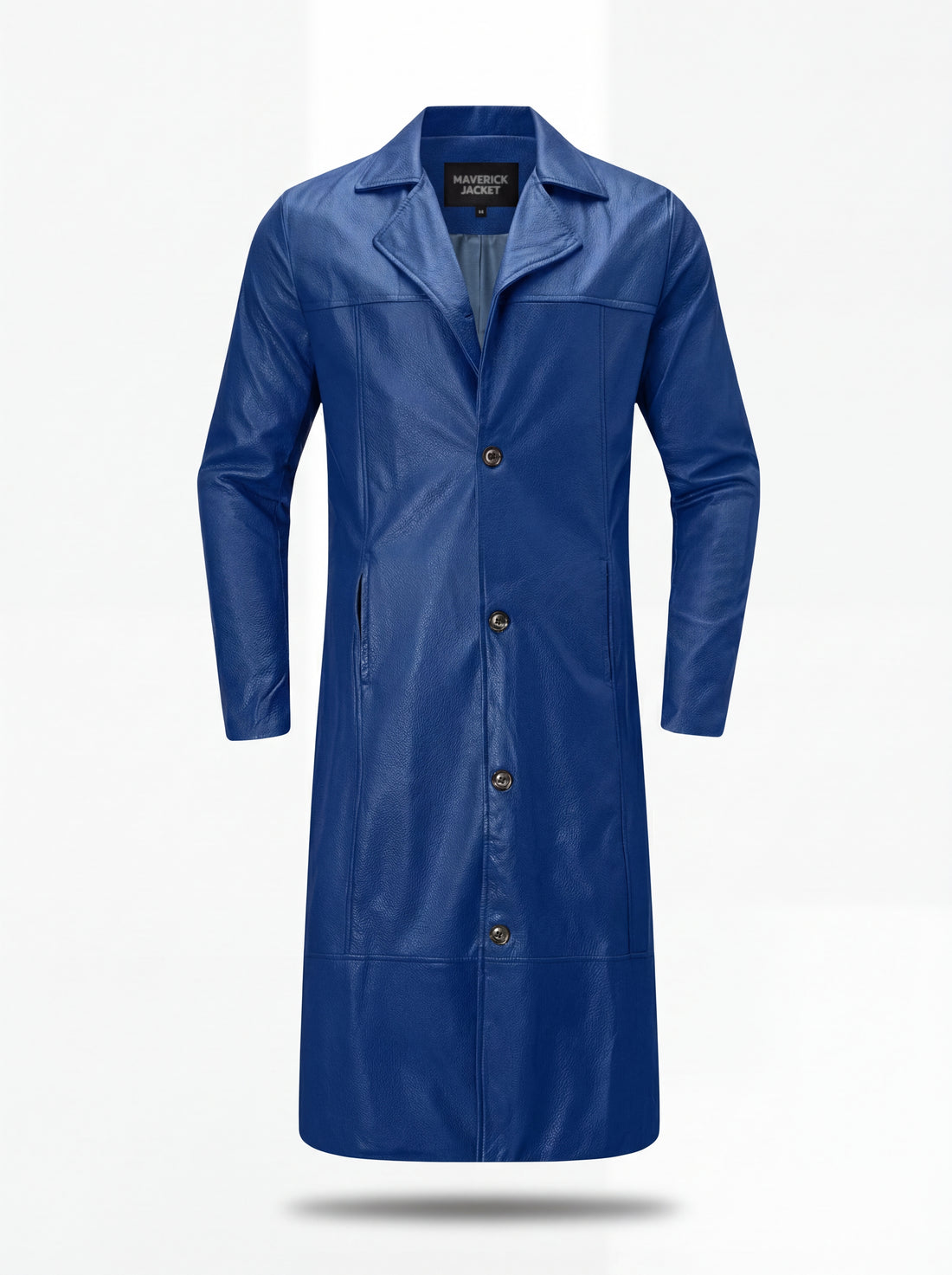 Men's Cobalt Blue Leather Mac Coat with notched lapels and single-breasted button closure, Front View. The Regent by Maverick Jacket.