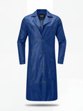 Men's Cobalt Blue Leather Mac Coat with notched lapels and single-breasted button closure, Front View. The Regent by Maverick Jacket.