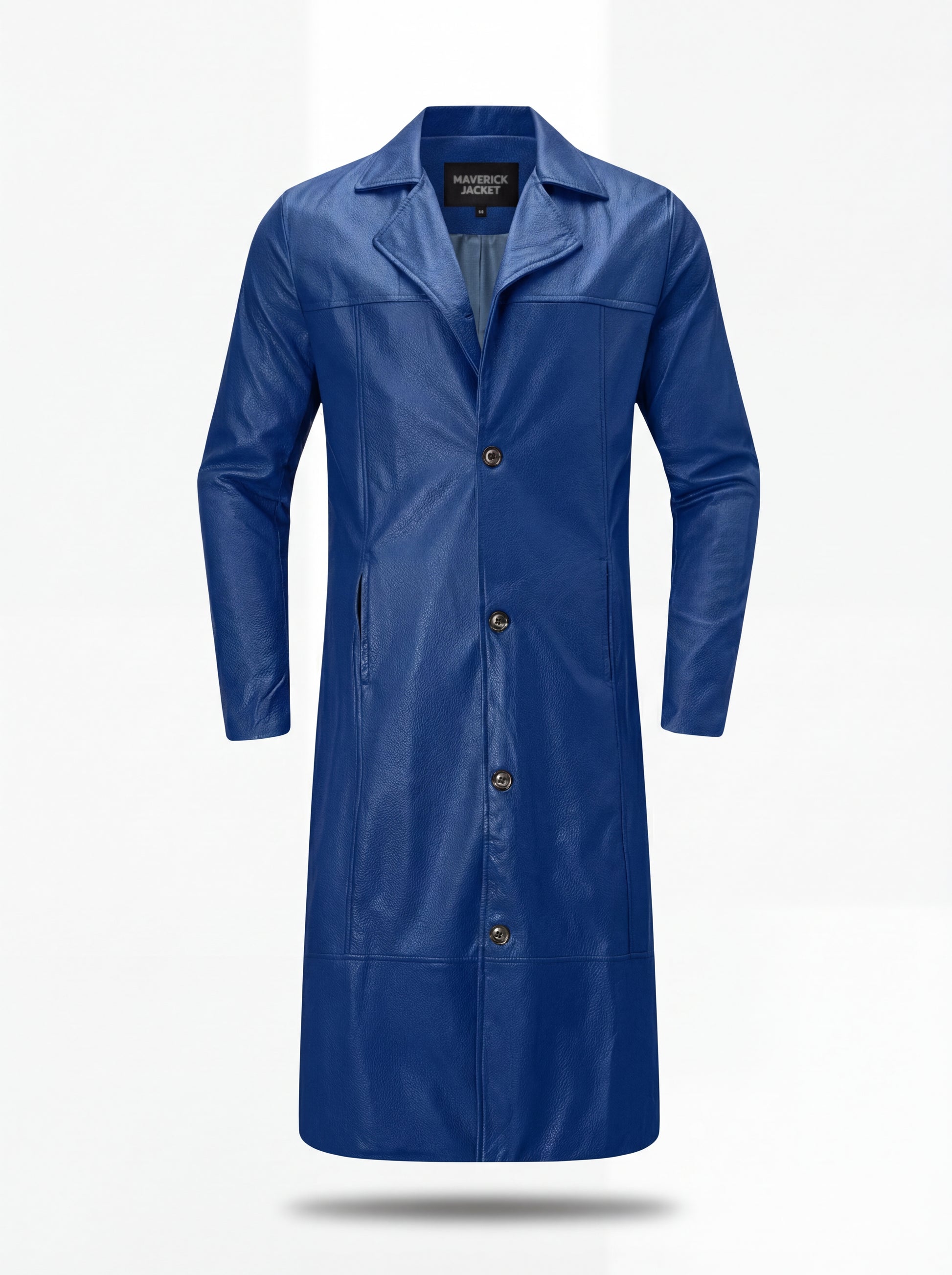 Men's Cobalt Blue Leather Mac Coat with notched lapels and single-breasted button closure, Front View. The Regent by Maverick Jacket.