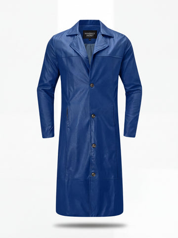 Men's Cobalt Blue Leather Mac Coat with notched lapels and single-breasted button closure, Front View. The Regent by Maverick Jacket.