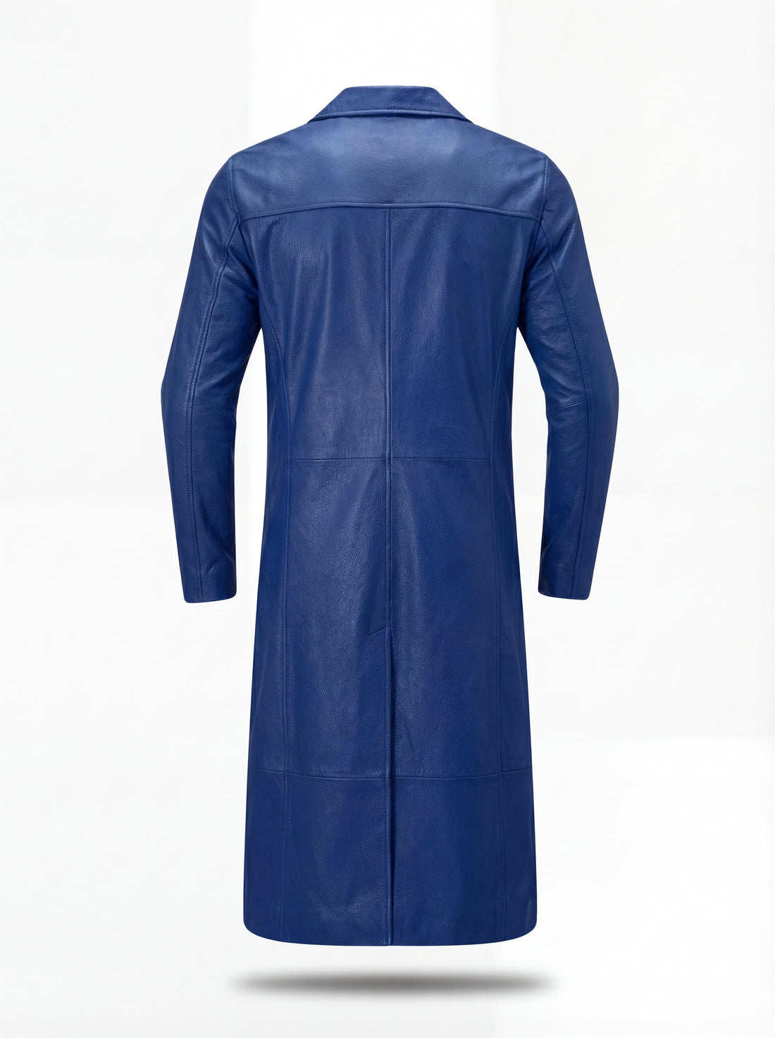 Men's Cobalt Blue Leather Mac Coat with notched lapels and single-breasted button closure, Front View. The Regent by Maverick Jacket.