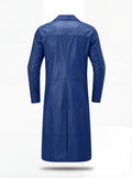 Rear view of Cobalt Blue Leather Mac Coat showing vertical center back seam and horizontal shoulder yoke. The Regent by Maverick Jacket.