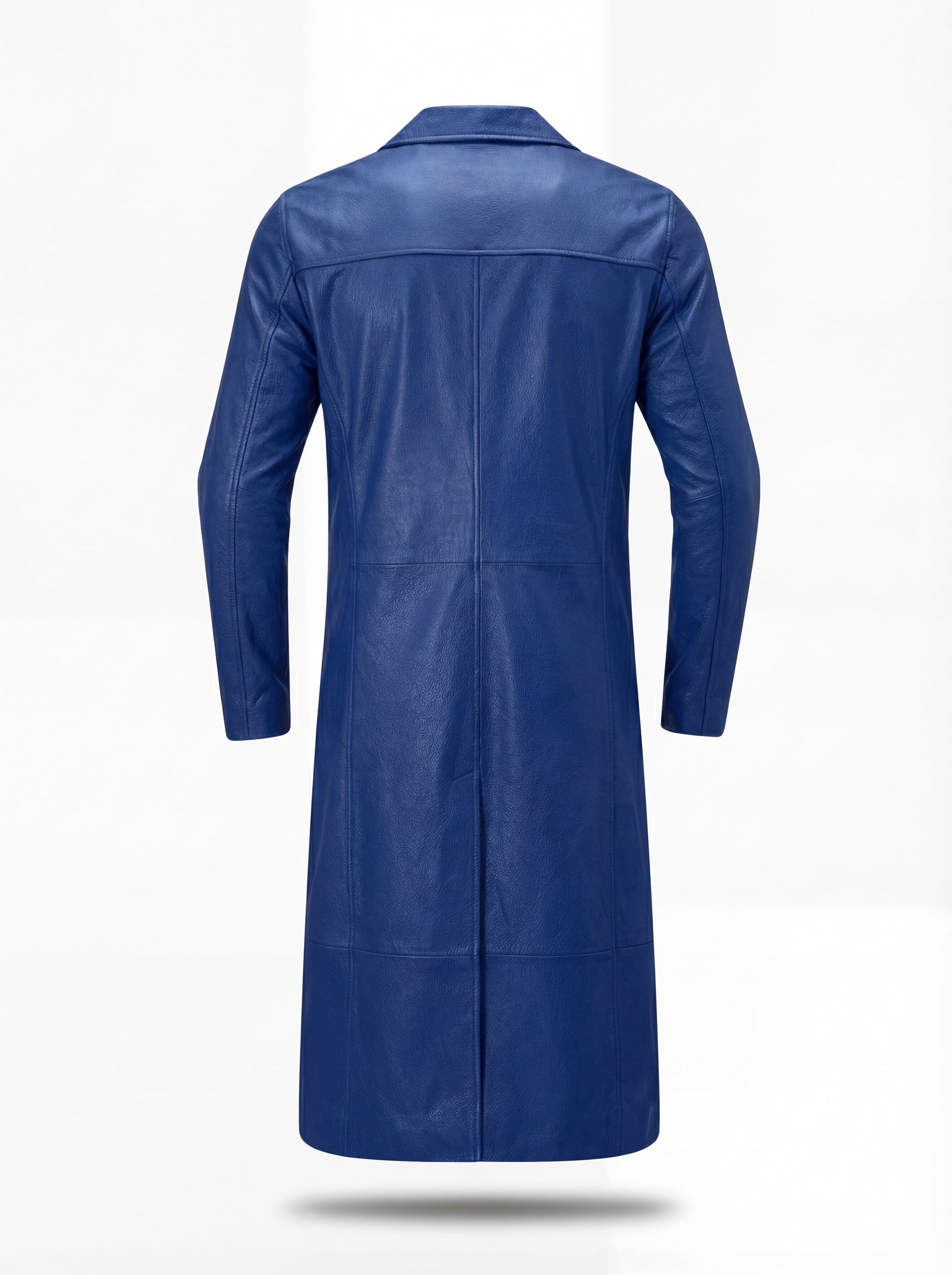 Rear view of Cobalt Blue Leather Mac Coat showing vertical center back seam and horizontal shoulder yoke. The Regent by Maverick Jacket.