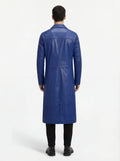 Rear view of male model wearing Maverick Regent leather Mac Coat showing structured shoulder fit and long vertical back seams. Maverick Jacket.