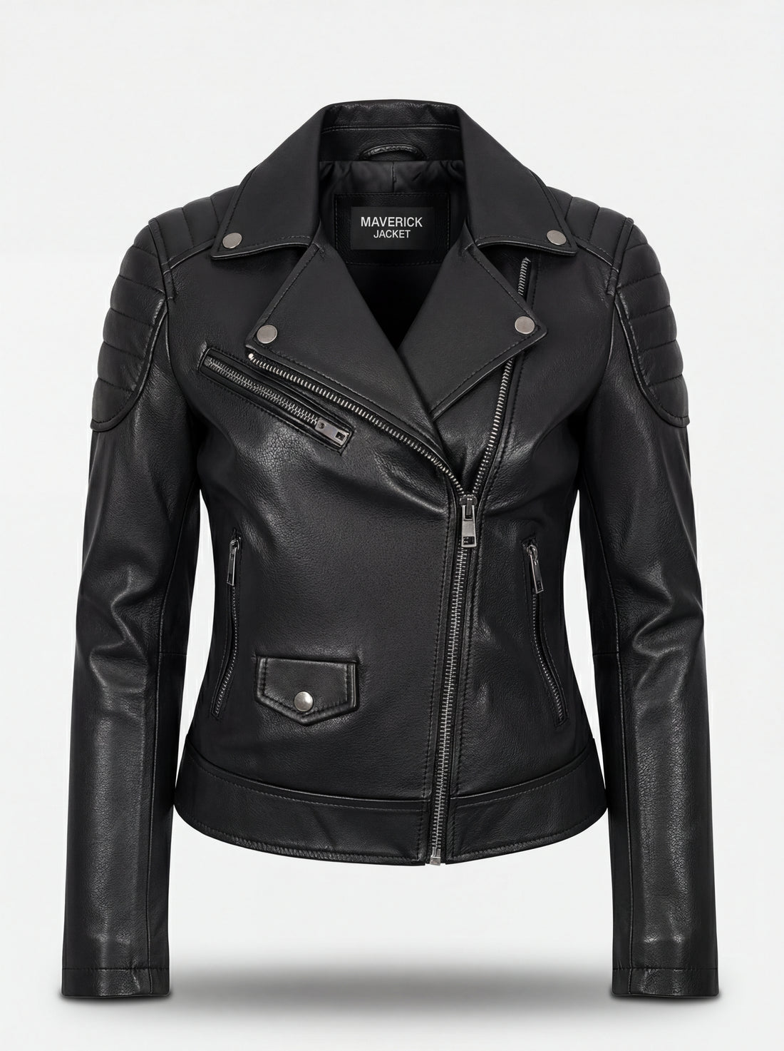 Women's black leather biker jacket with quilted shoulder panels and asymmetrical silver zipper, Front View. The Scarlett by Maverick Jacket.