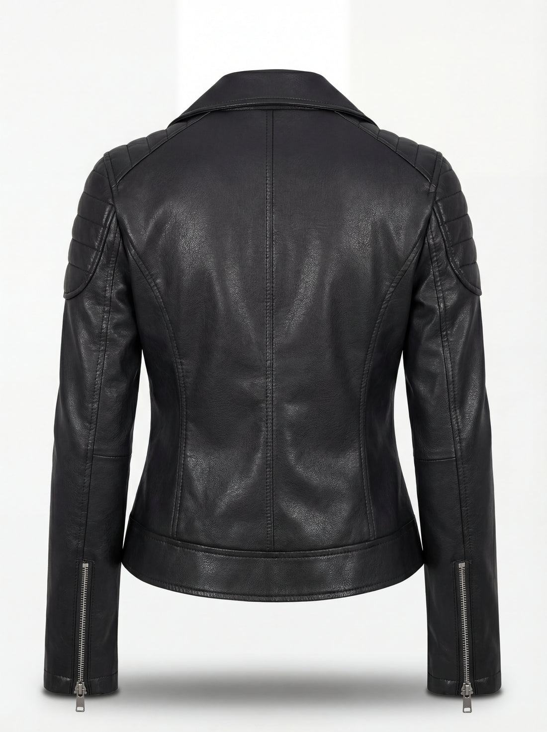 Women's black leather biker jacket with quilted shoulder panels and asymmetrical silver zipper, Front View. The Scarlett by Maverick Jacket.